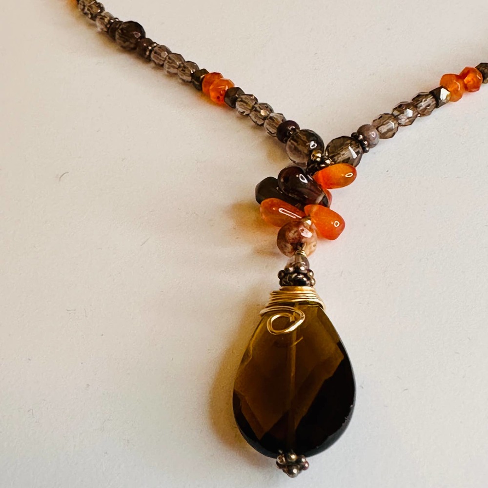 Artisan Crafted Smokey Topaz & Carnelian Y Necklace w/silver lobster claw clasp - Picture 8 of 8